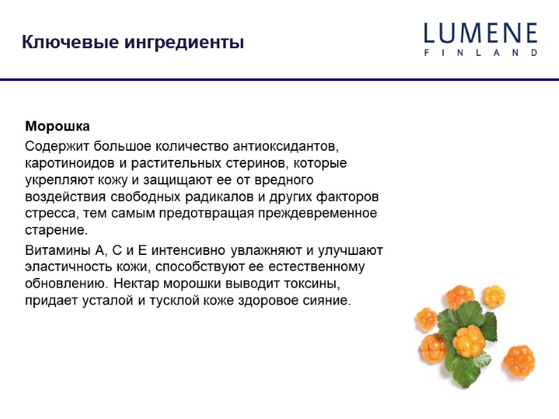 Морошка Содержит большое количество антиоксидантов, каротиноидов и растительных стеринов, которые укрепляют кожу и защищают